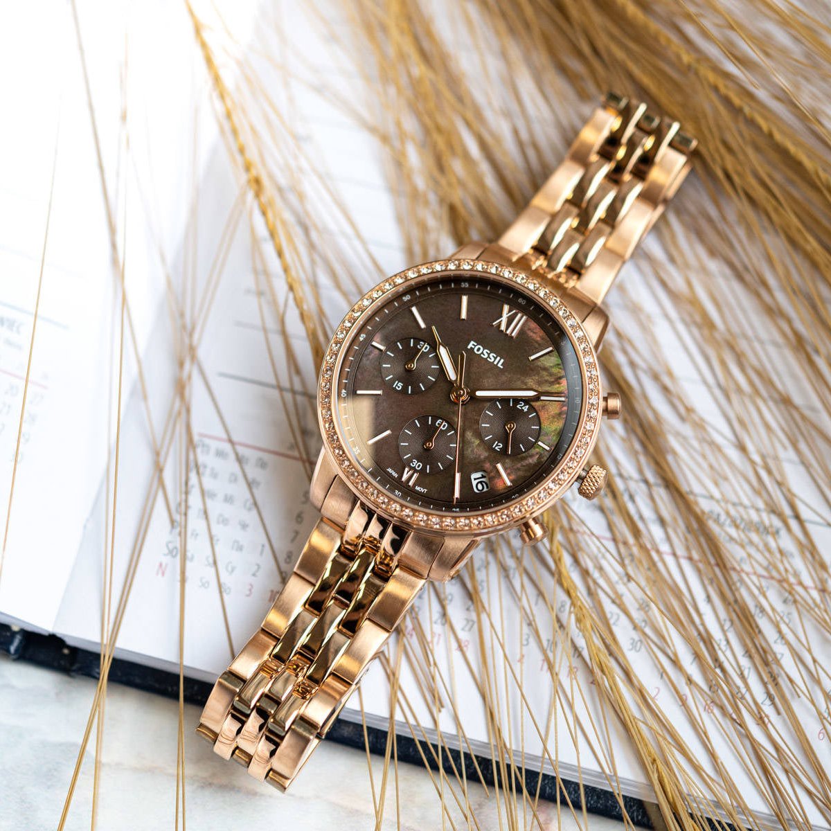  Shop Authentic Fossil Neutra Chronograph Mother of Pearl Brown Dial Rose Gold Steel Strap Watch for Women - ES5218 - Luxxuri