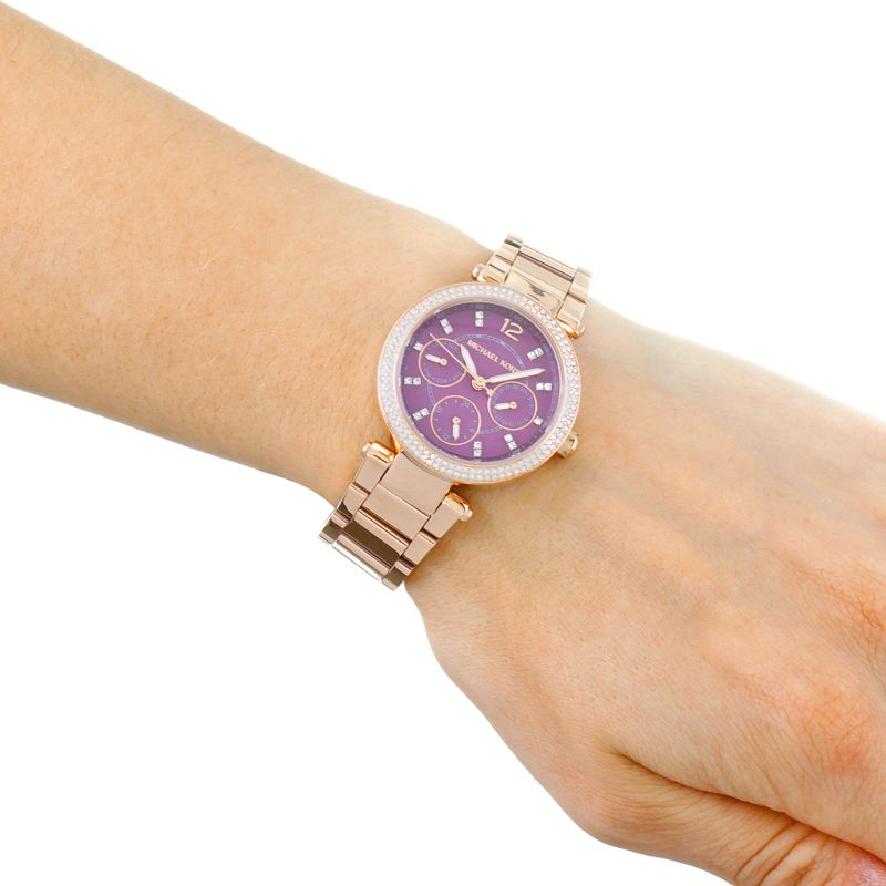  Shop Authentic Michael Kors Mini Parker Multi-Function Plum Mother of Pearl Dial Rose Gold Steel Strap Watch For Women - MK6403 - Luxxuri