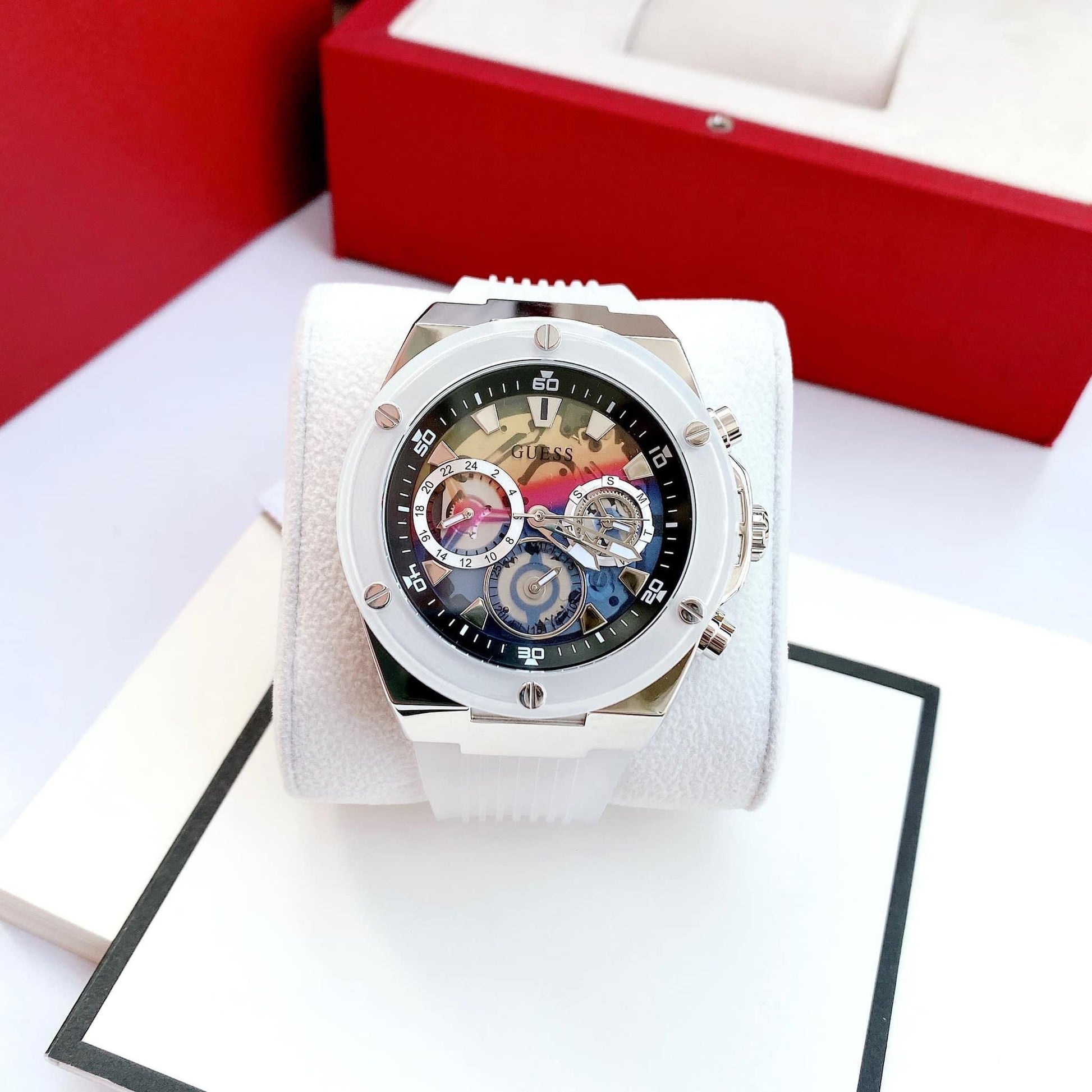  Shop Authentic Guess Poseidon Chronograph Rainbow Dial White Silicone Strap Watch For Men - GW0425G4 - Luxxuri