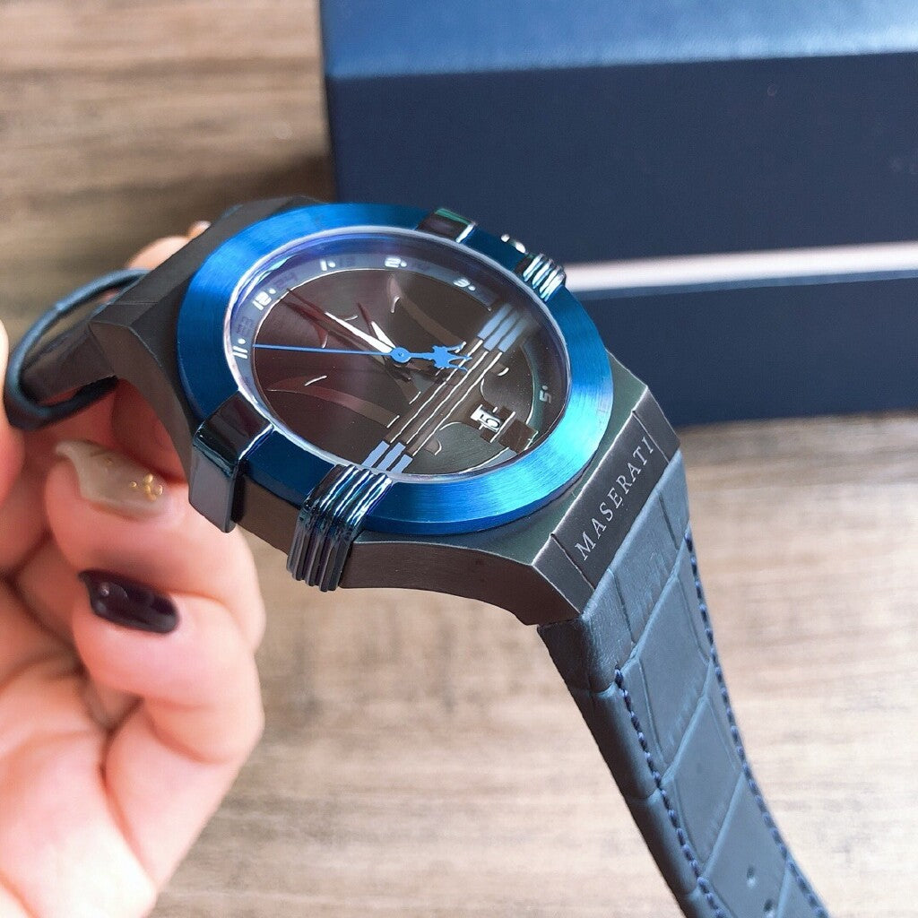  Shop Authentic Maserati Potenza Black Dial 42mm Blue Leather Strap Watch For Men - R8851108007 - Luxxuri