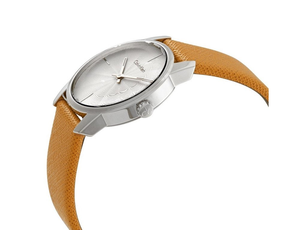  Shop Authentic Calvin Klein City Silver Dial Orange Leather Strap Watch for Women - K2G231G6 - Luxxuri
