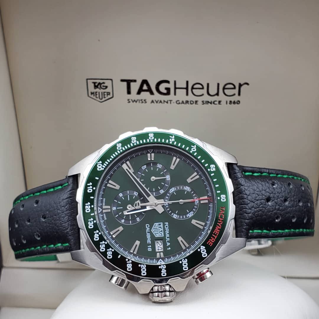  Shop Authentic Tag Heuer Formula 1 Calibre 16 Automatic Chronograph Green Dial Black Leather Strap Watch for Men - CAZ2016.FC6473 - Luxxuri
