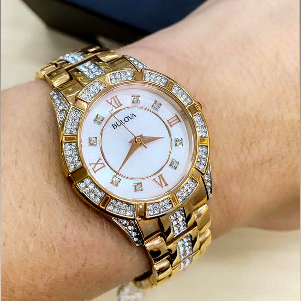  Shop Authentic Bulova Crystal Mother of Pearl Dial Rose Gold Steel Strap Watch for Women - 98L197 - Luxxuri