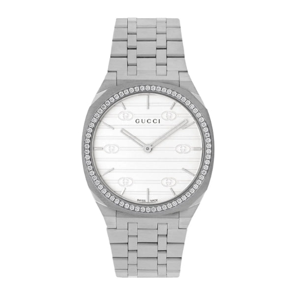  Shop Authentic Gucci 25H Quartz Diamonds Silver Dial Silver Steel Strap Watch for Women - YA163401 - Luxxuri