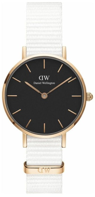  Shop Authentic Daniel Wellington Classic Petite Dover Black Dial White NATO Strap Watch For Women - DW001000314 - Luxxuri