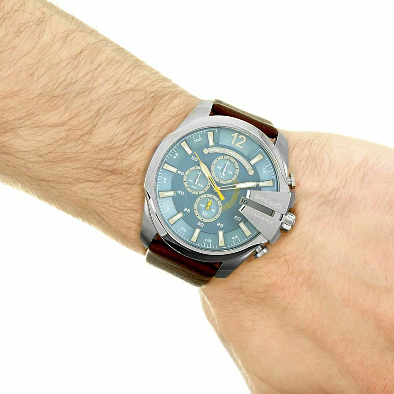  Shop Authentic Diesel Mega Chief Light Blue Dial Brown Leather Strap Watch For Men - DZ4281 - Luxxuri