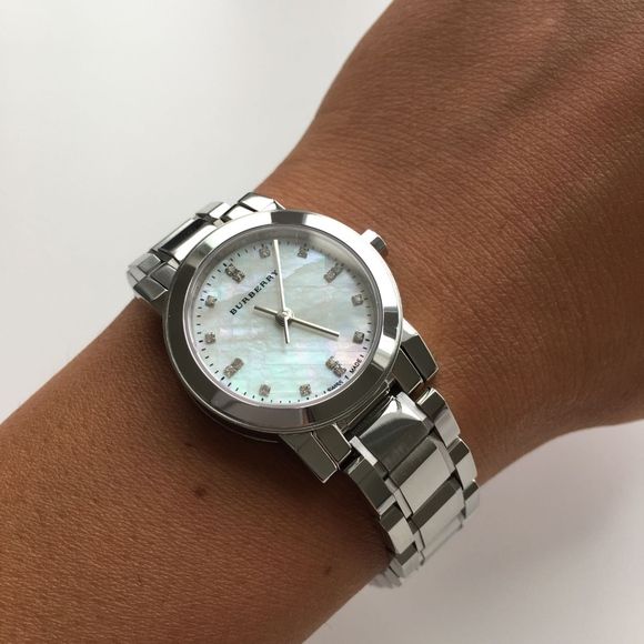  Shop Authentic Burberry The City Diamonds Mother of Pearl Dial Silver Steel Strap Watch for Women - BU9224 - Luxxuri