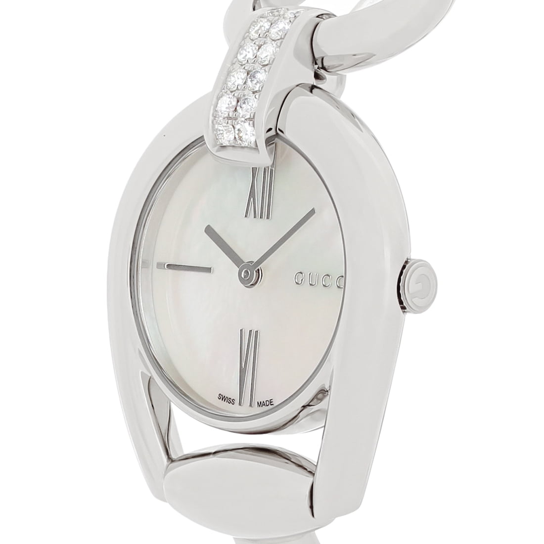  Shop Authentic Gucci Horsebit Collection Diamonds Mother of Pearl White Dial Silver Steel Strap Watch For Women - YA139504 - Luxxuri