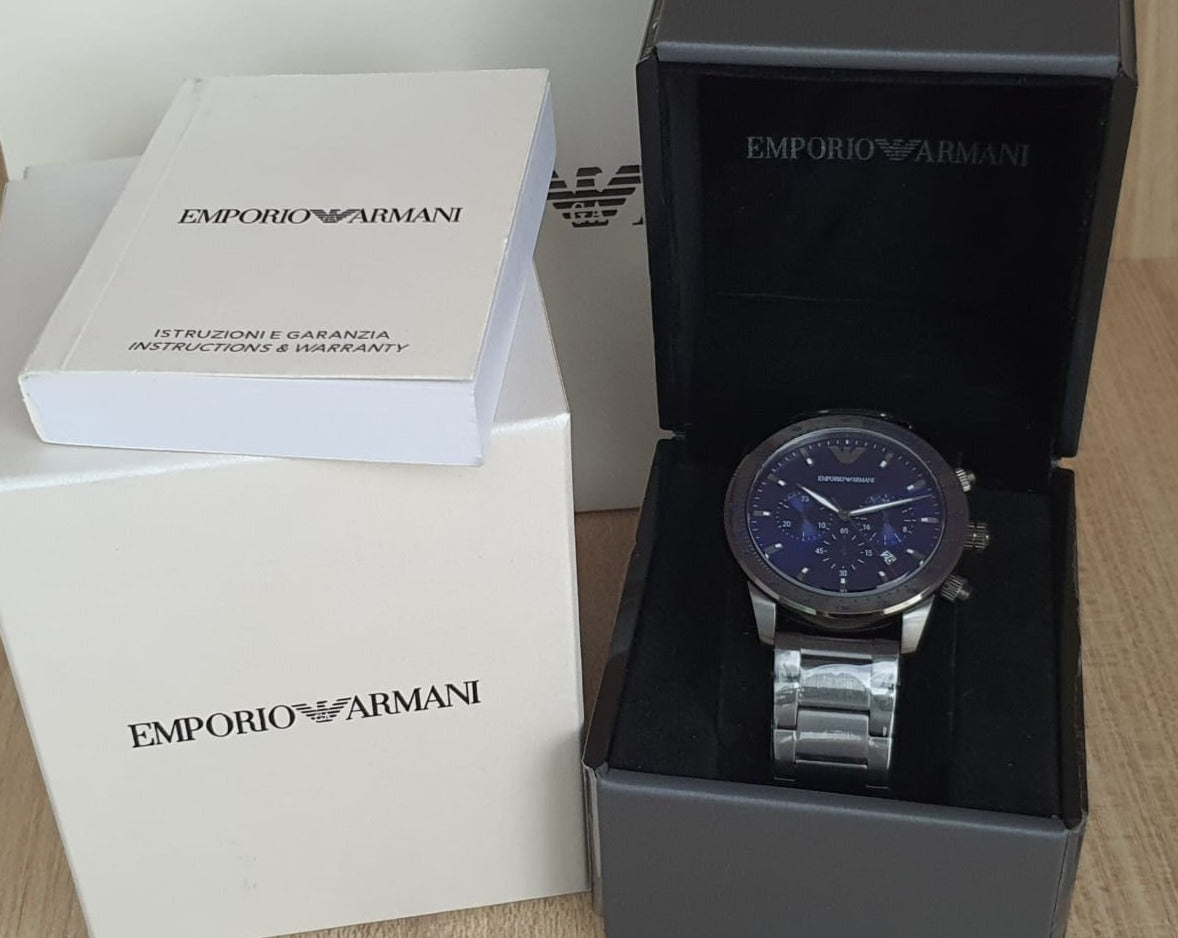  Shop Authentic Emporio Armani Mario Chronograph Blue Dial Grey Steel Strap Watch For Men - AR80045 - Luxxuri