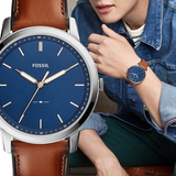  Shop Authentic Fossil Minimalist Blue Dial Brown Leather Strap Watch for Men - FS5304 - Luxxuri