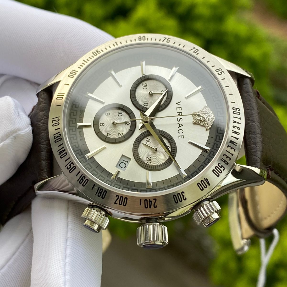  Shop Authentic Versace Classic Chronograph Quartz Silver Dial Brown Leather Strap Watch For Men - VEV700119 - Luxxuri