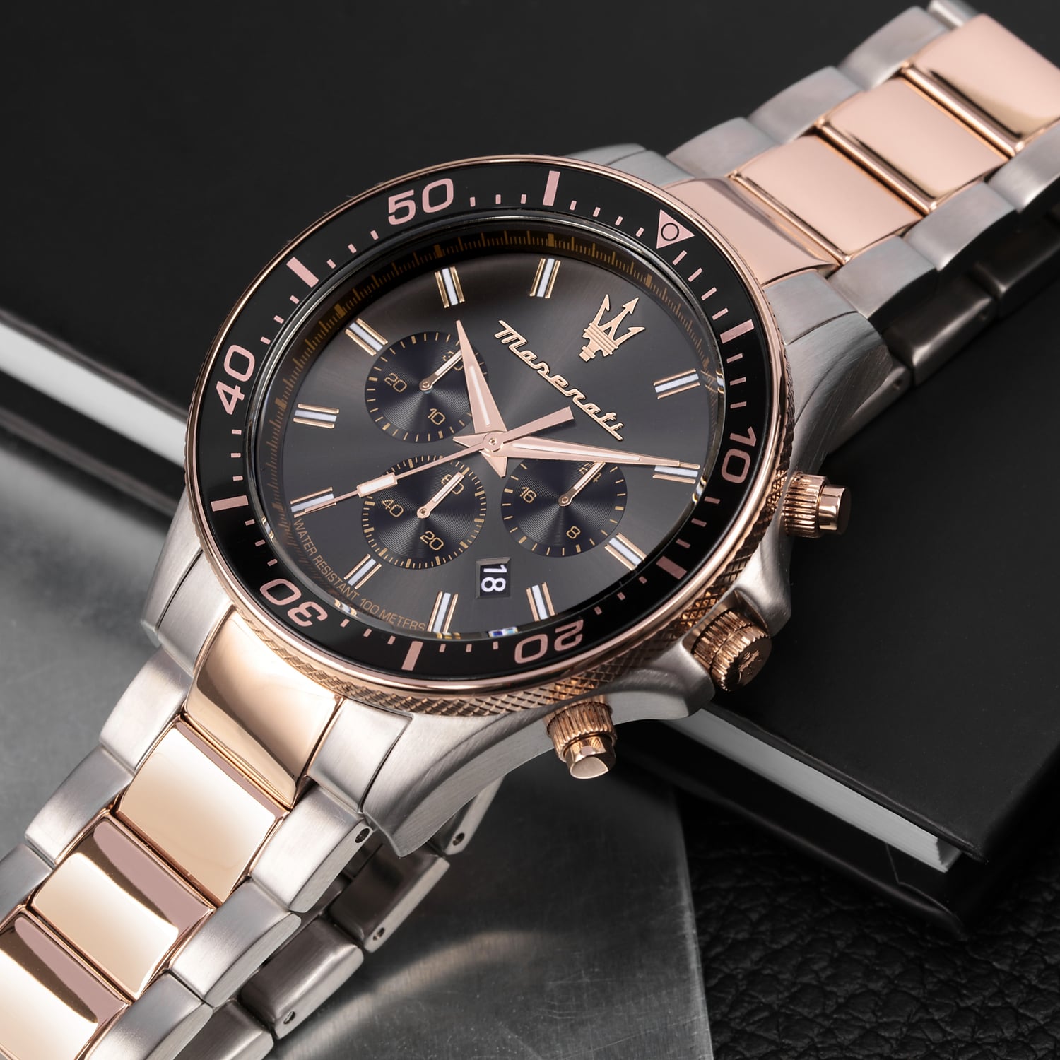 Maserati SFIDA Chronograph Black Dial Two Tone Steel Strap Watch For Men - R8873640002