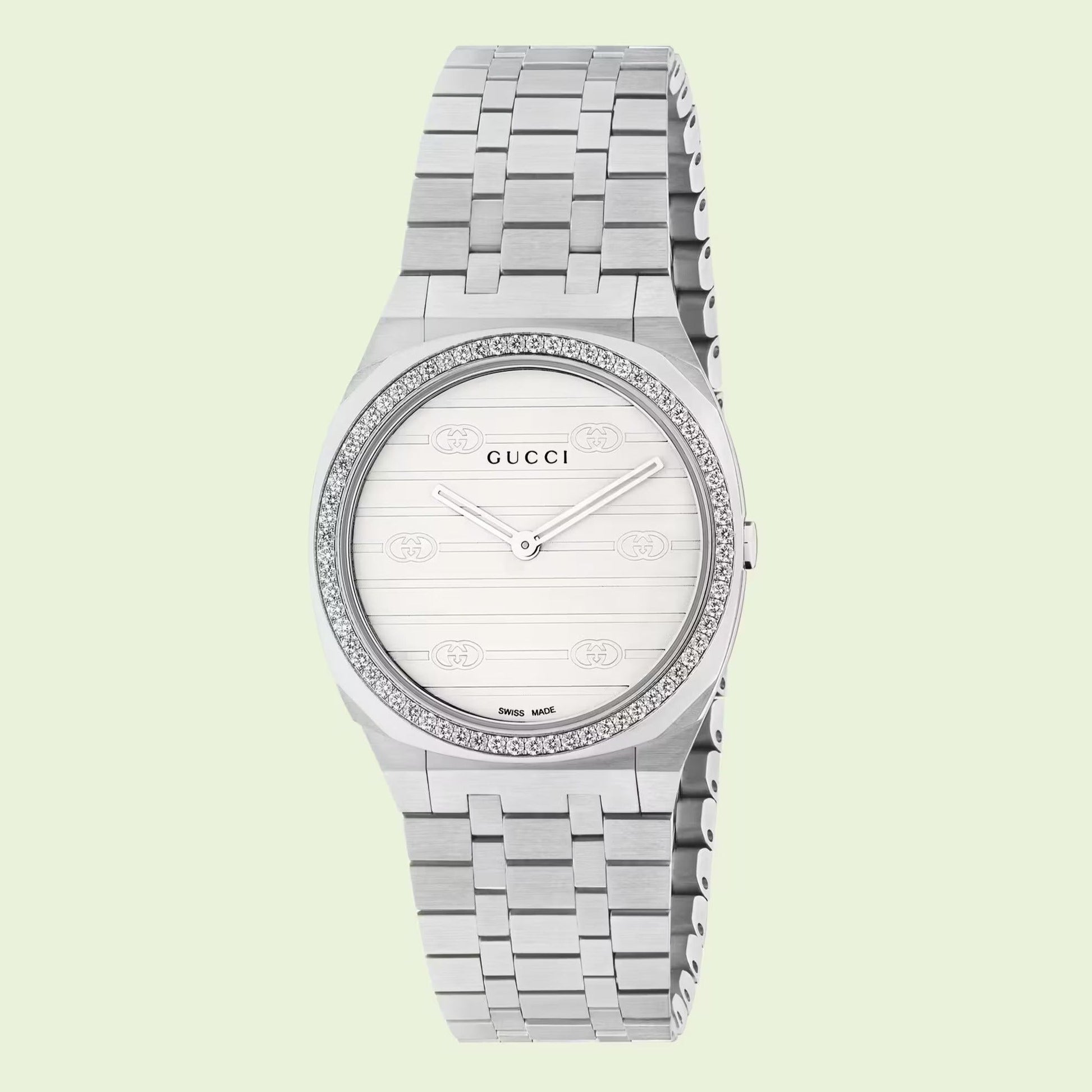  Shop Authentic Gucci 25H Quartz Diamonds Silver Dial Silver Steel Strap Watch for Women - YA163401 - Luxxuri