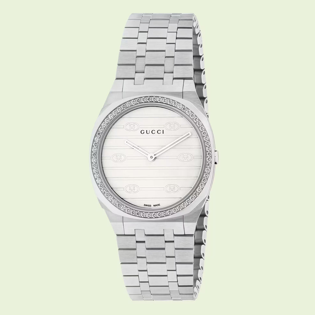  Shop Authentic Gucci 25H Quartz Diamonds Silver Dial Silver Steel Strap Watch for Women - YA163401 - Luxxuri