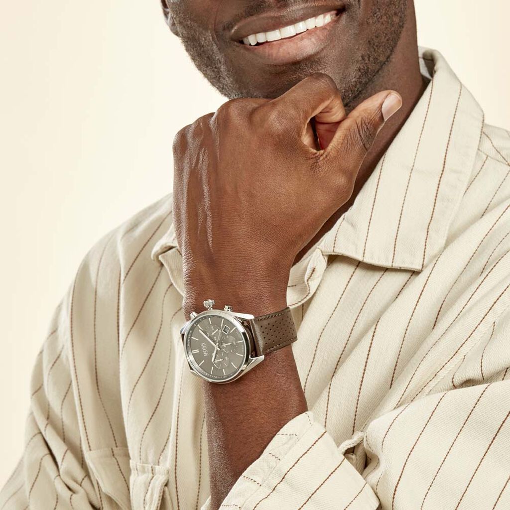 Hugo Boss Champion Grey Dial Brown Leather Strap Watch for Men - 1513815