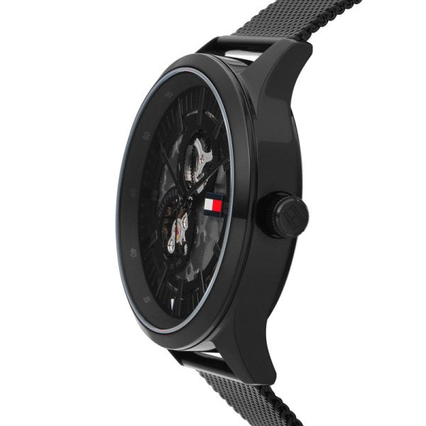  Shop Authentic Tommy Hilfiger Spencer Skeleton Black Dial Black Mesh Bracelet Watch for Men - 1791644 - Luxxuri