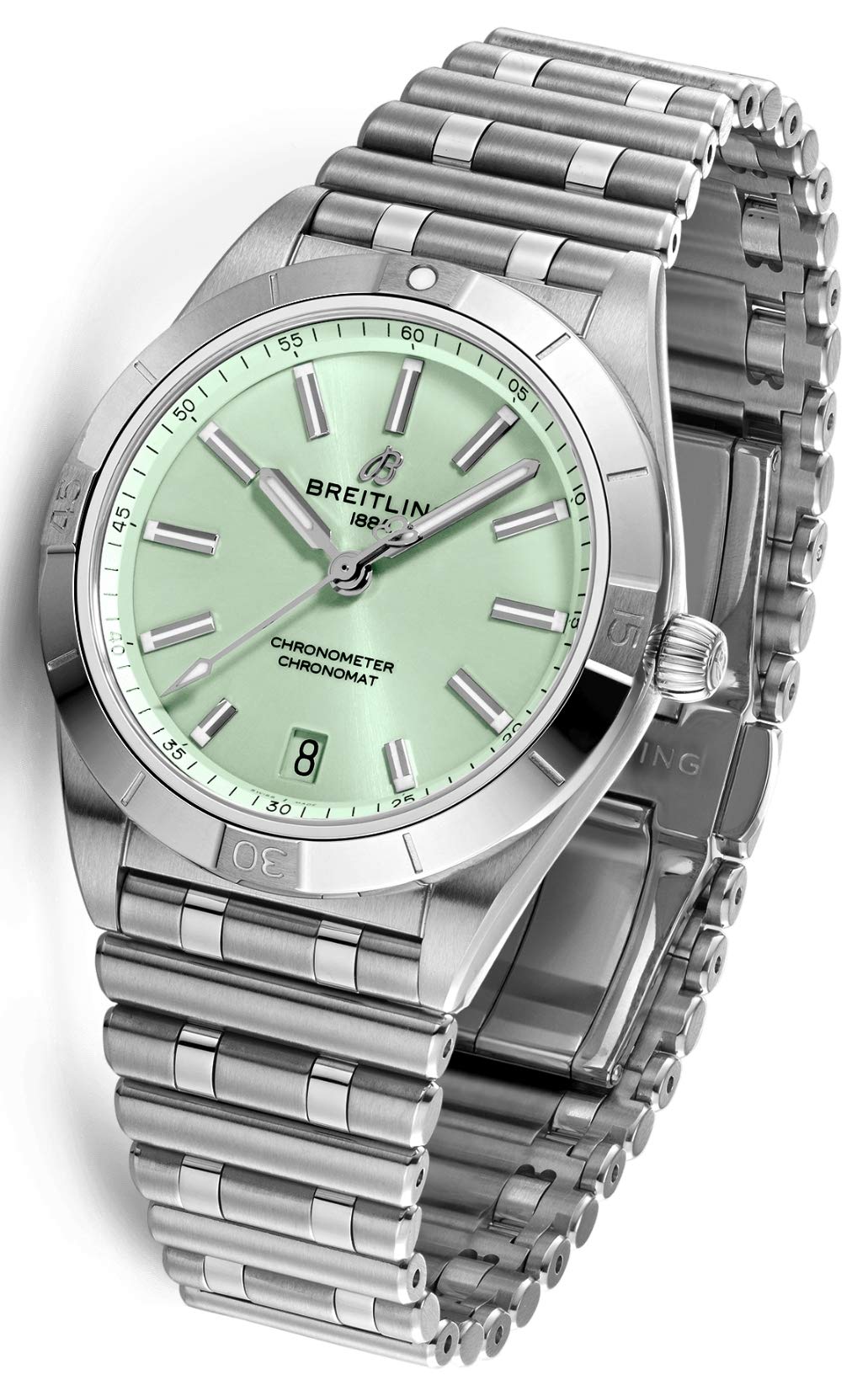  Shop Authentic Breitling Chronomat Automatic 36 Green Dial Silver Steel Strap Watch for Women - A10380101L1A1 - Luxxuri