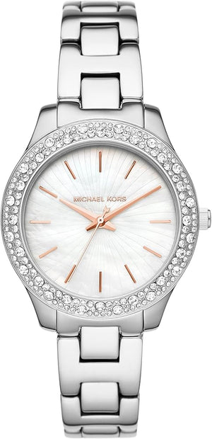  Shop Authentic Michael Kors Liliane Three Hand Mother of Pearl White Dial Silver Steel Strap Watch For Women - MK4556 - Luxxuri