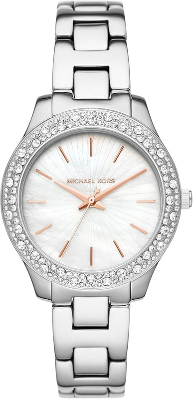  Shop Authentic Michael Kors Liliane Three Hand Mother of Pearl White Dial Silver Steel Strap Watch For Women - MK4556 - Luxxuri