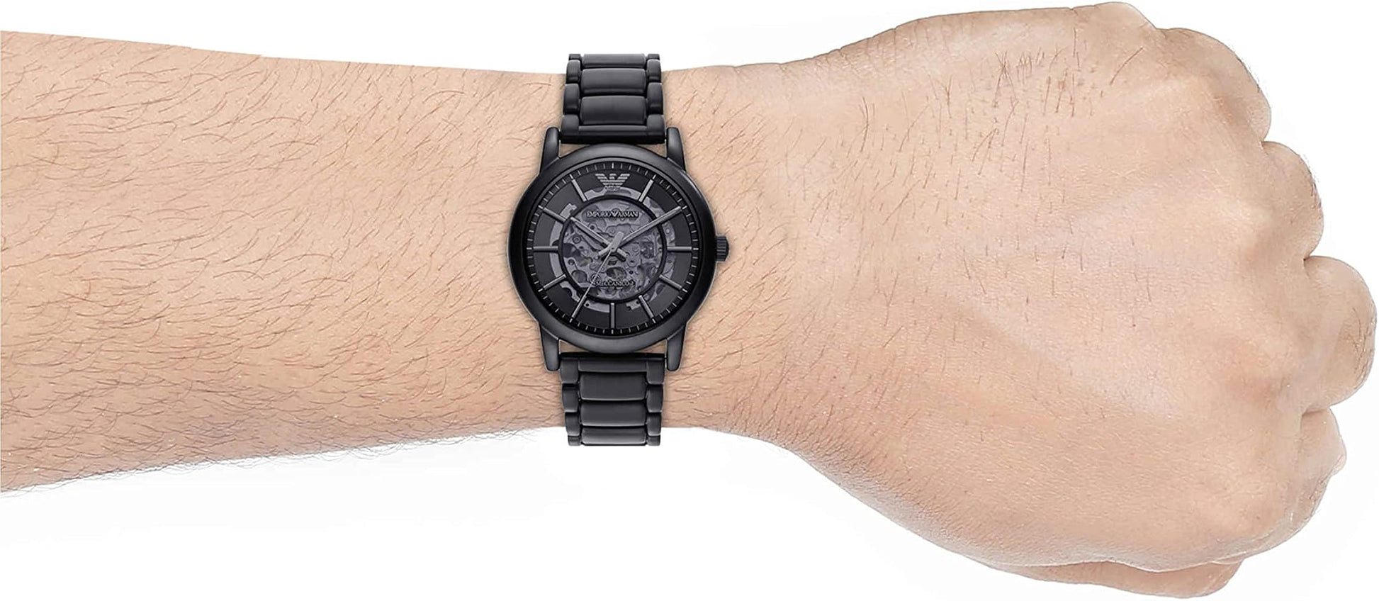  Shop Authentic Emporio Armani Meccanico Skeleton Black Dial Black Steel Strap Watch For Men - AR60045 - Luxxuri