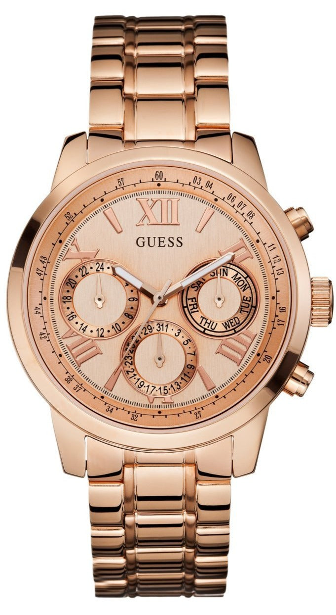  Shop Authentic Guess Sunrise Quartz Rose Gold Dial Rose Gold Steel Strap Watch For Women - W0330L2 - Luxxuri