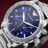  Shop Authentic Emporio Armani Mario Chronograph Blue Dial Silver Steel Strap Watch For Men - AR11306 - Luxxuri