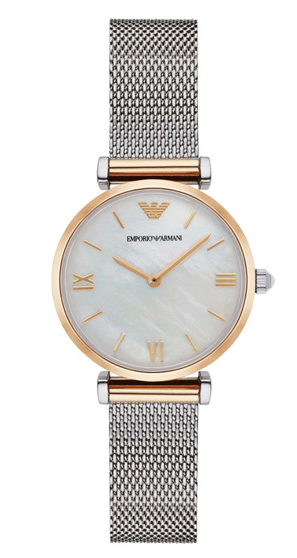  Shop Authentic Emporio Armani Gianni T Bar Mother of Pearl Dial Silver Mesh Bracelet Watch For Women - AR2068 - Luxxuri