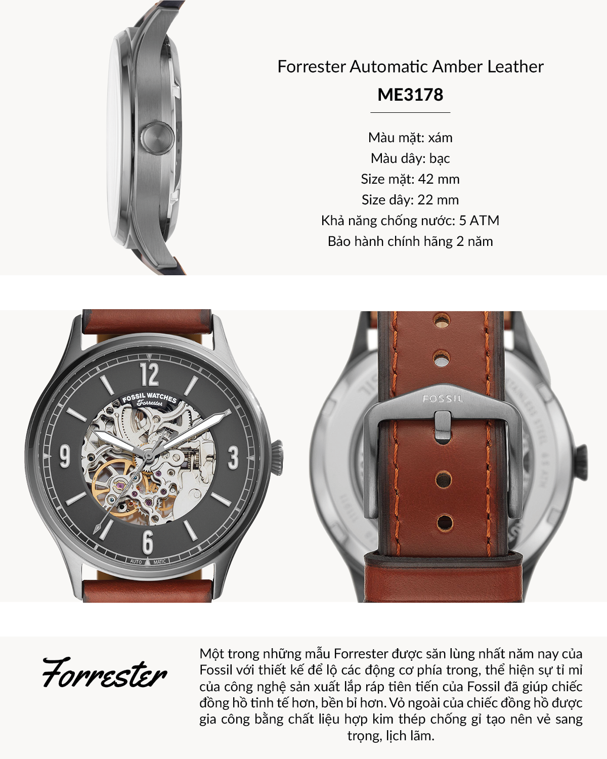  Shop Authentic Fossil Forrester Automatic Skeleton Grey Dial Brown Leather Strap Watch for Men - ME3178 - Luxxuri