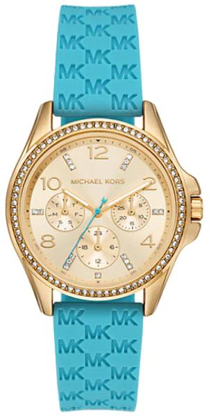  Shop Authentic Michael Kors Mini Pilot Quartz Gold Dial Blue Silicone Strap Watch For Women - MK7374 - Luxxuri