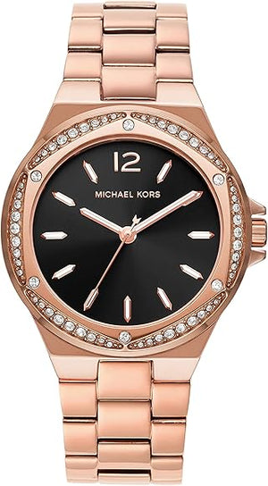 Shop Authentic Michael Kors Lennox Three-Hand Black Dial Rose Gold Steel Strap Watch For Women - MK7233 - Luxxuri