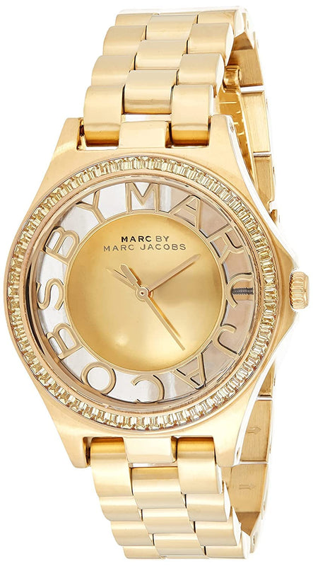  Shop Authentic Marc Jacobs Henry Transparent Gold Dial Gold Steel Strap Watch for Women - MBM3338 - Luxxuri
