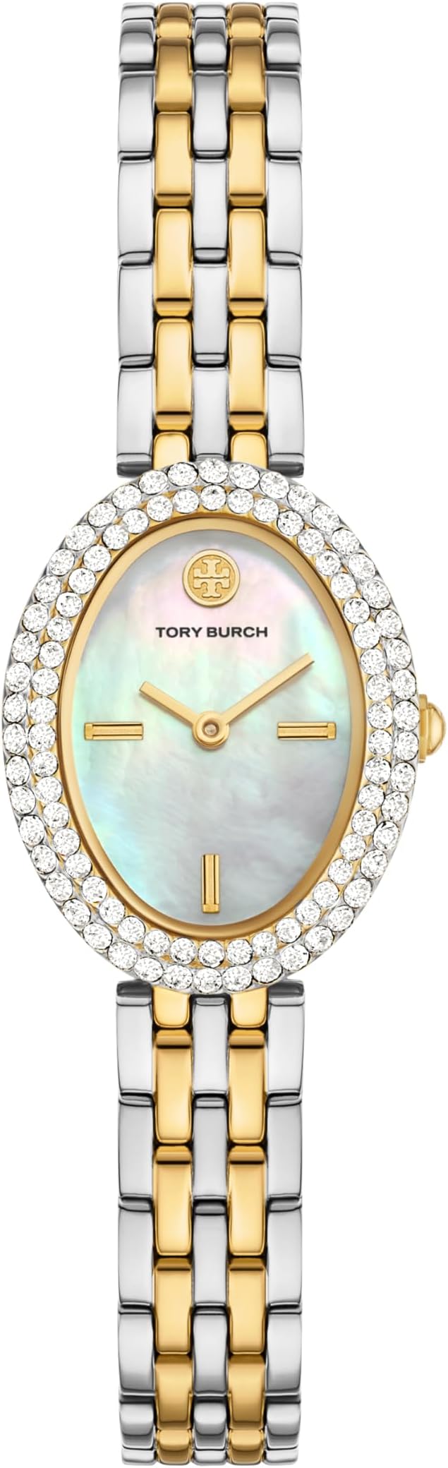 Tory Burch Oval Crystals Mother of Pearl Dial Two Tone Steel Strap Watch for Women - YBW6037
