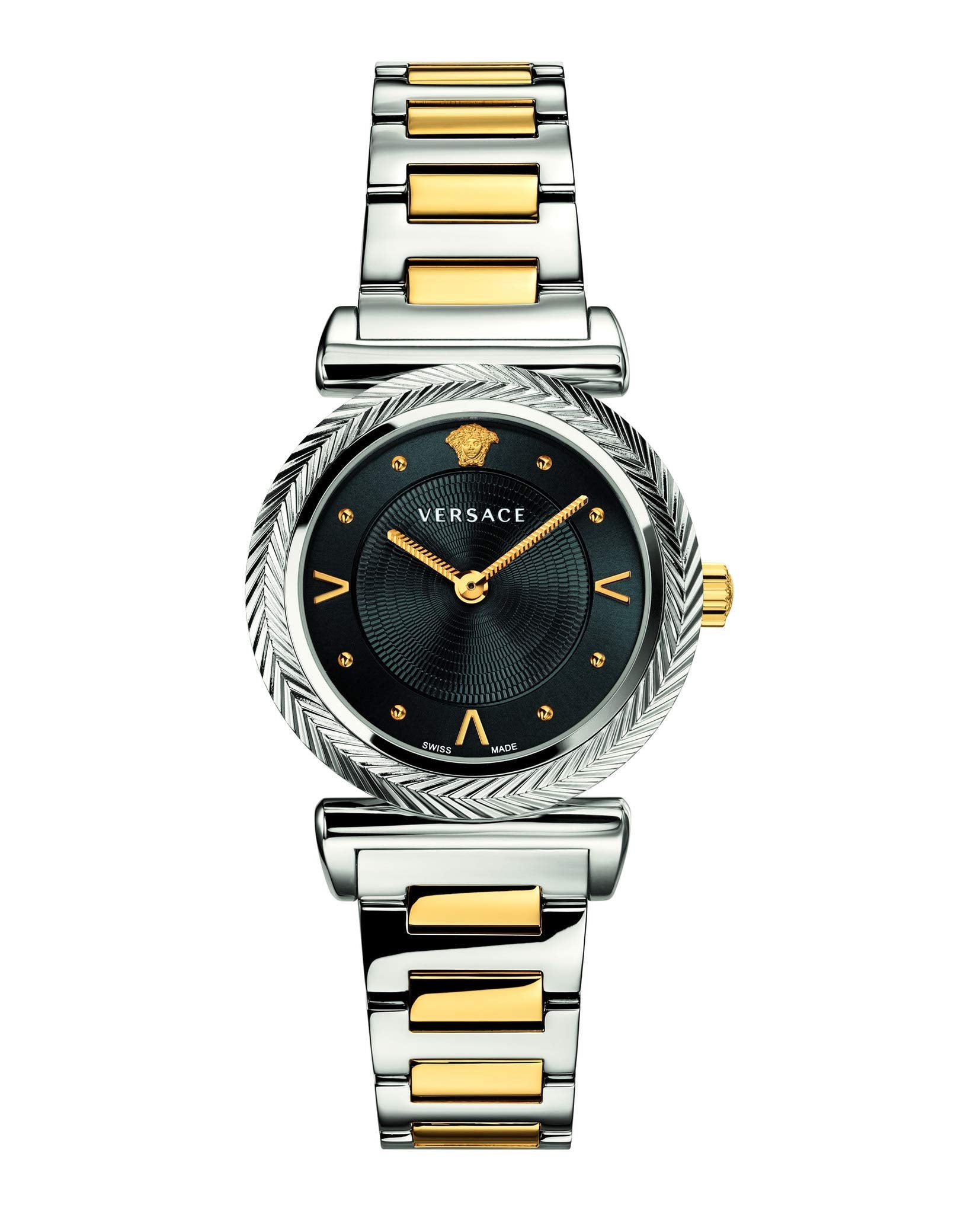 Versace V-Motif Black Dial Two Tone Steel Strap Watch for Women - VERE00518