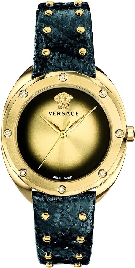  Shop Authentic Versace Shadov Gold Dial Green Leather Strap Watch For Women - VEBM01018 - Luxxuri