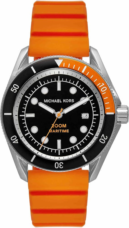  Shop Authentic Michael Kors Maritime Three-Hand Analog Black Dial Orange Silicone Strap Watch for Men - MK9157 - Luxxuri