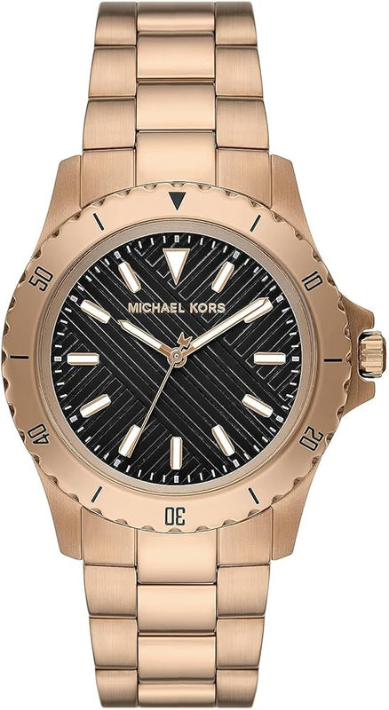  Shop Authentic Michael Kors Everest Three Hand Quartz Black Dial Gold Steel Strap Watch For Men - MK9140 - Luxxuri
