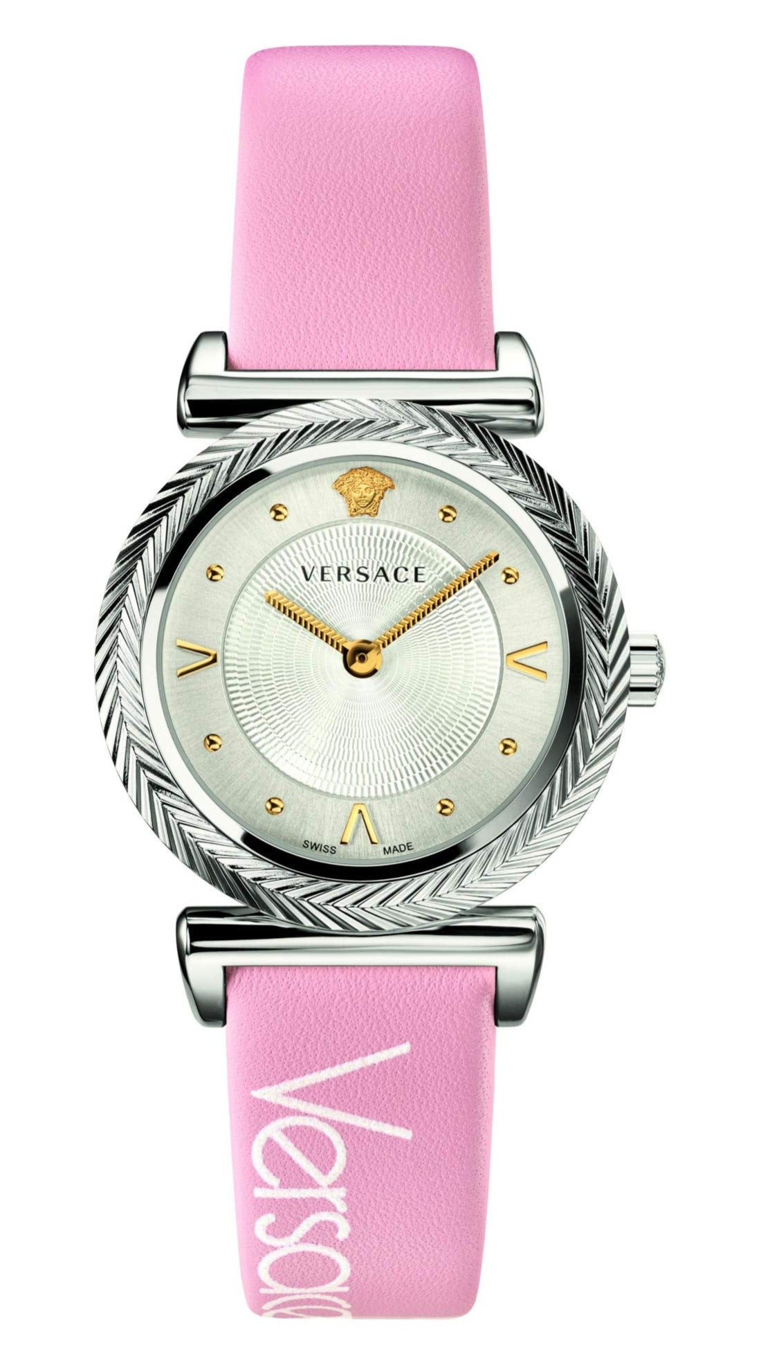  Shop Authentic Versace V-Motif Silver Dial Pink Leather Strap Watch for Women - VERE00118 - Luxxuri
