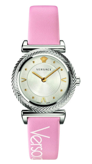  Shop Authentic Versace V-Motif Silver Dial Pink Leather Strap Watch for Women - VERE00118 - Luxxuri