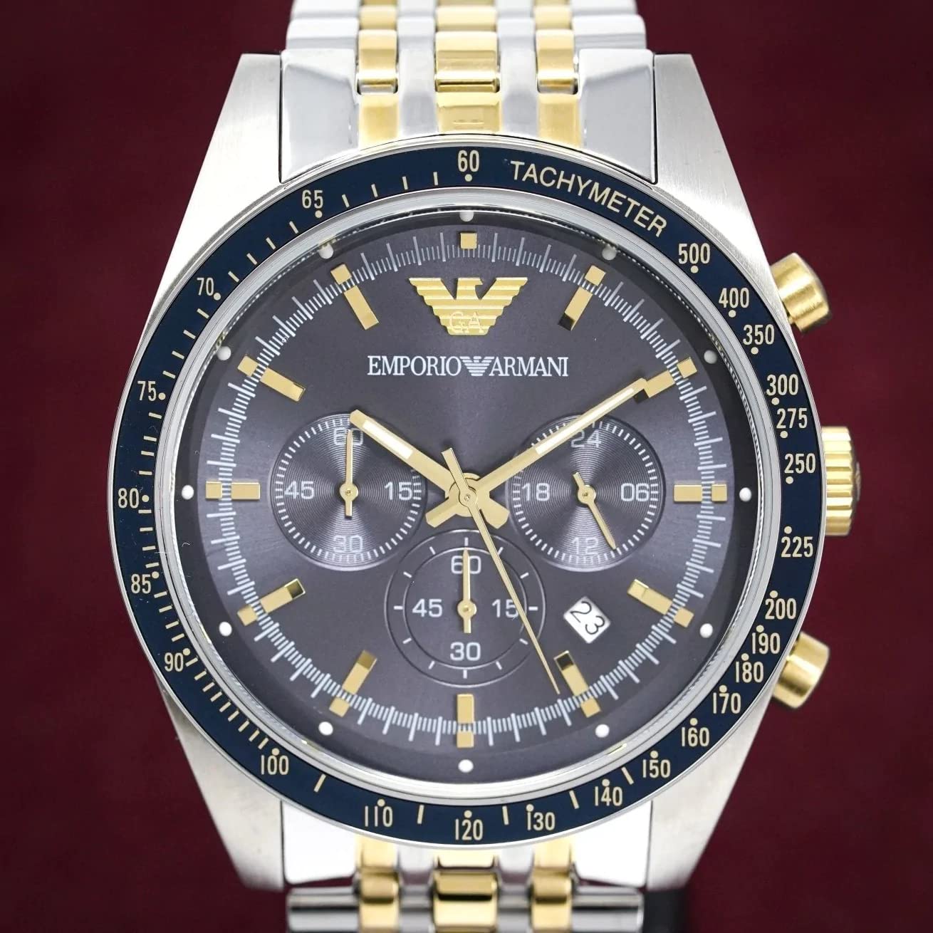  Shop Authentic Emporio Armani Tazio Chronograph Blue Dial Gold & Silver Stainless Steel Strap Watch For Men - AR8030 - Luxxuri