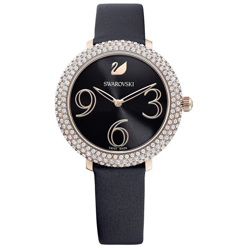  Shop Authentic Swarovski Crystal Frost Black Dial Black Leather Strap Watch for Women - 5484058 - Luxxuri