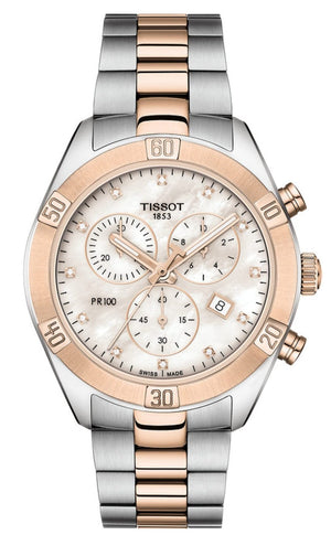 Shop Authentic Tissot PR 100 Sport Chic Chronograph Diamonds Mother of Pearl Dial Two Tone Steel Strap Watch for Women - T101.917.22.116.00 - Luxxuri