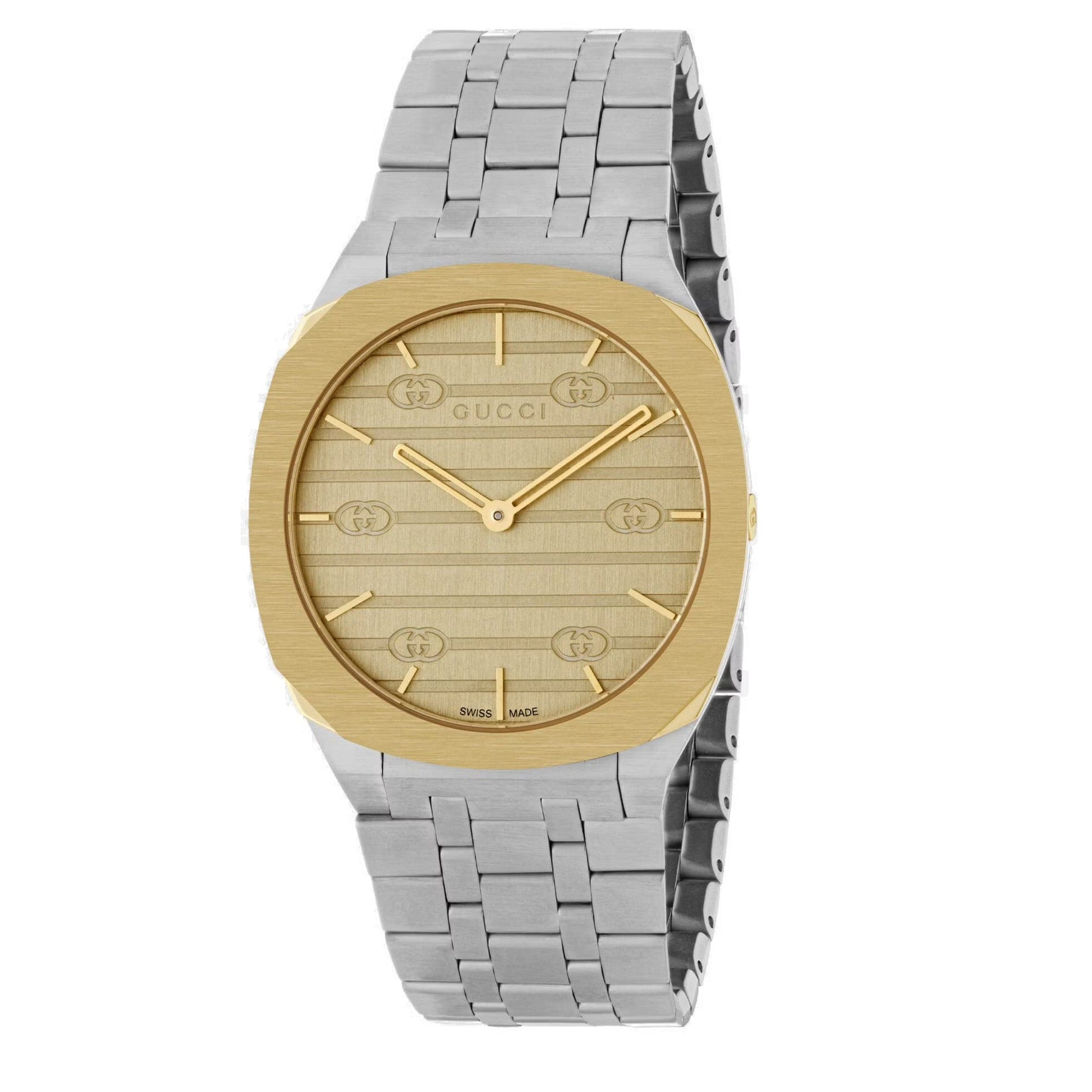 Shop Authentic Gucci 25H Quartz Gold Dial Silver Steel Strap Watch for Women - YA163403 - Luxxuri