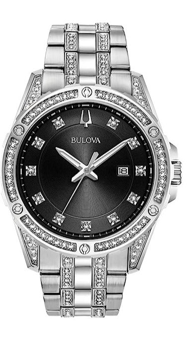  Shop Authentic Bulova Crystal Collection Black Dial Silver Steel Strap Watch for Men - 96K104 - Luxxuri