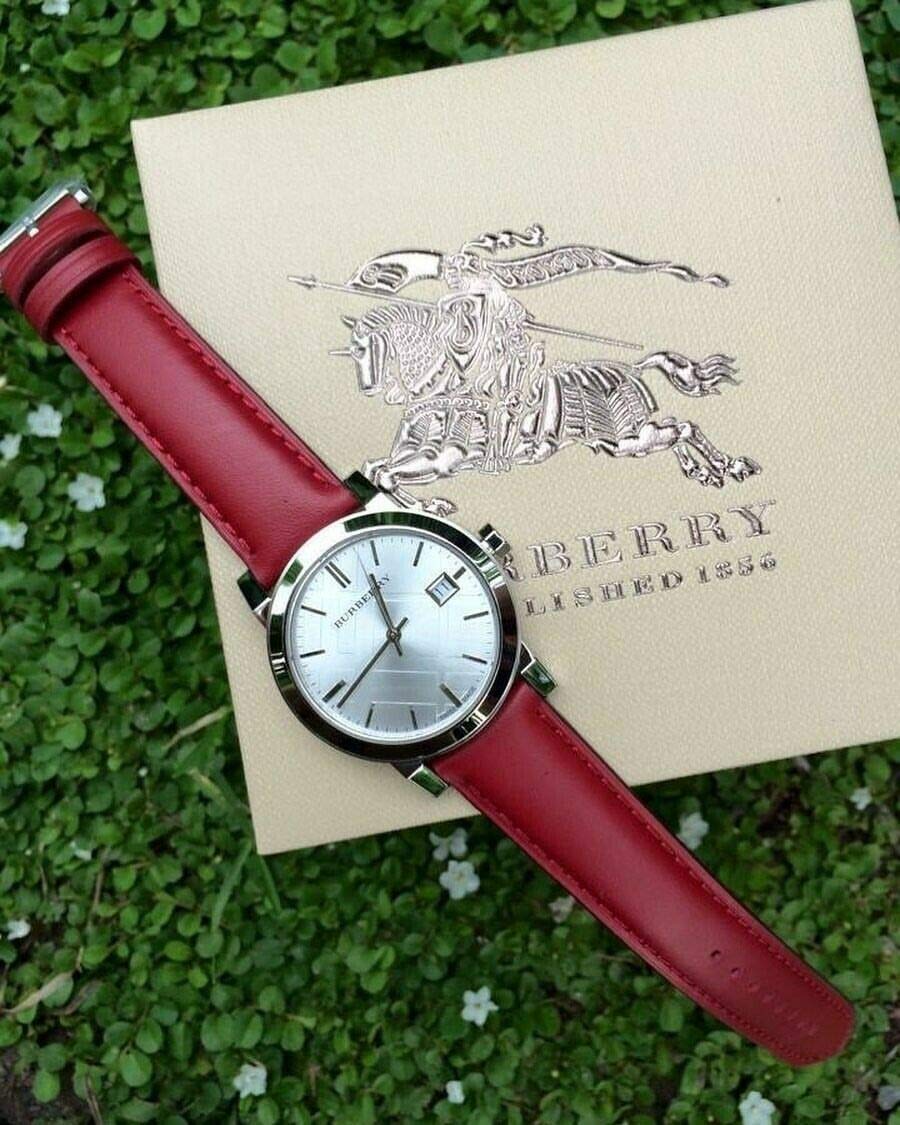  Shop Authentic Burberry The City Silver Dial Red Leather Strap Watch for Women - BU9129 - Luxxuri