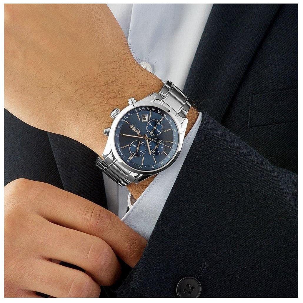 Hugo Boss Grand Prix Blue Dial Silver Steel Strap Watch for Men - 1513478