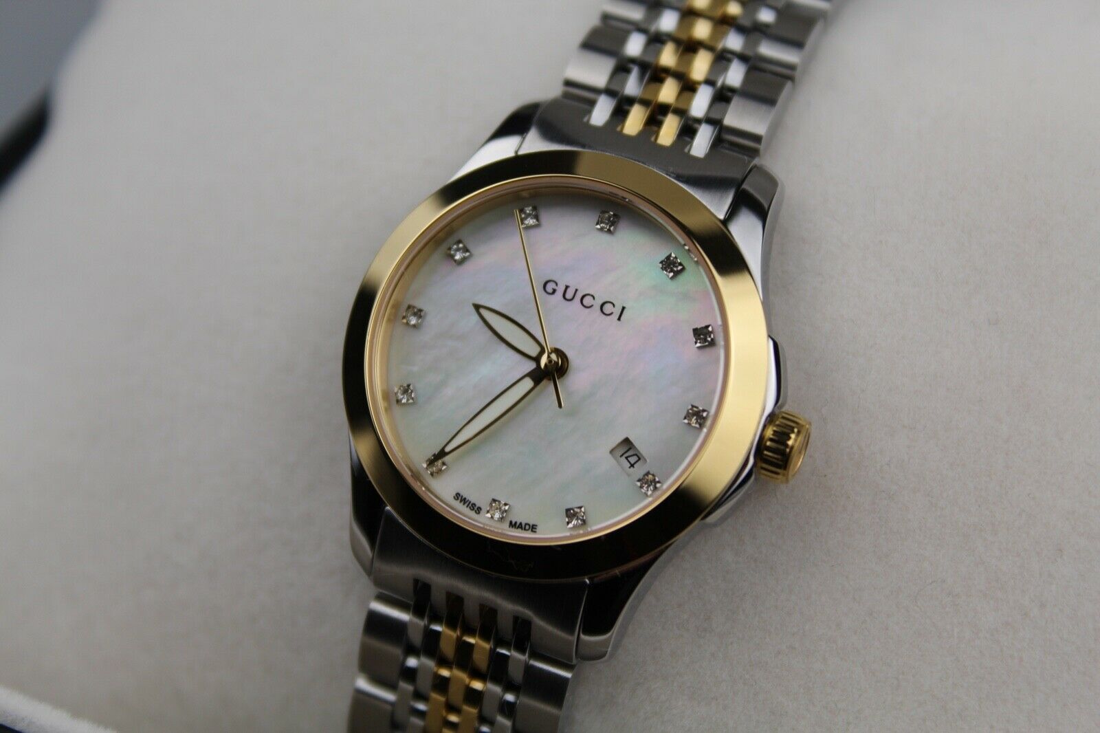  Shop Authentic Gucci G Timeless Diamonds Mother of Pearl Dial Two Tone Mesh Bracelet Watch for Women - YA126513 - Luxxuri
