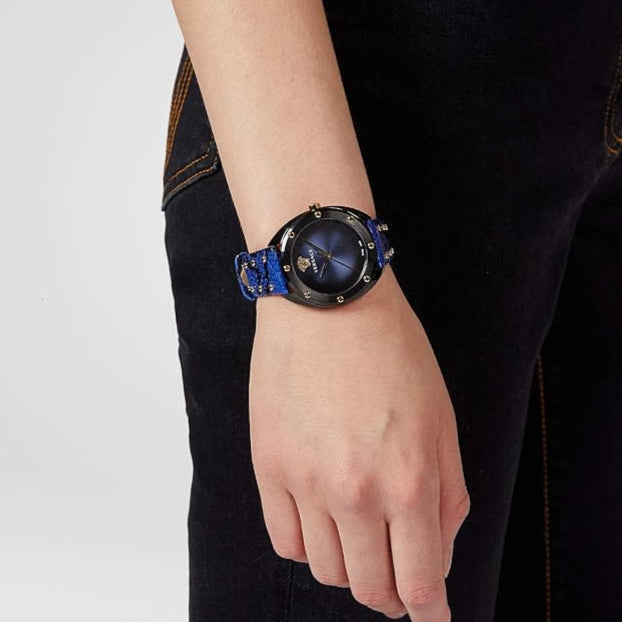  Shop Authentic Versace Shadov Quartz Black Dial Blue Leather Strap Watch for Men - VEBM00418 - Luxxuri