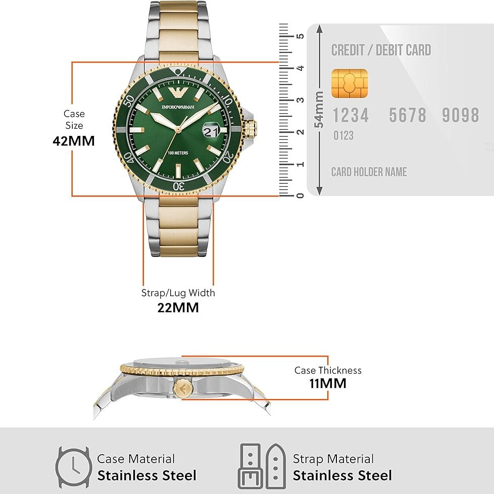  Shop Authentic Emporio Armani Diver Chronograph Green Dial Two Tone Steel Strap Watch For Men - AR80063 - Luxxuri