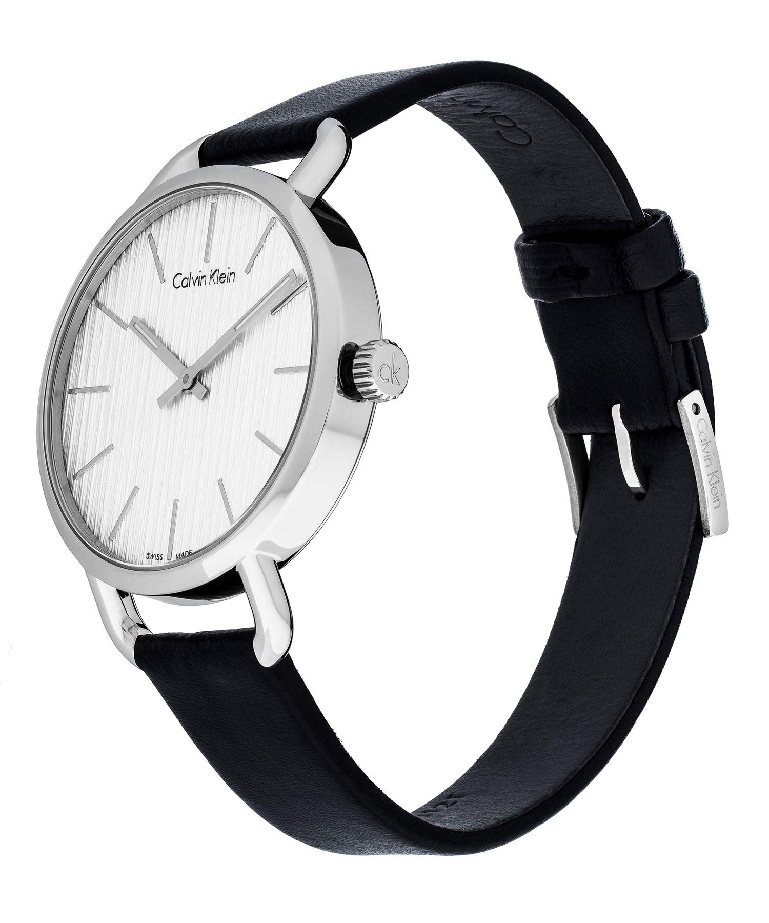  Shop Authentic Calvin Klein Even Silver Black Leather Strap Watch for Women - K7B231C6 - Luxxuri