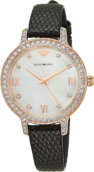  Shop Authentic Emporio Armani Cleo Three-Hand Mother of Pearl Dial Black Leather Strap Watch For Women - AR11485 - Luxxuri